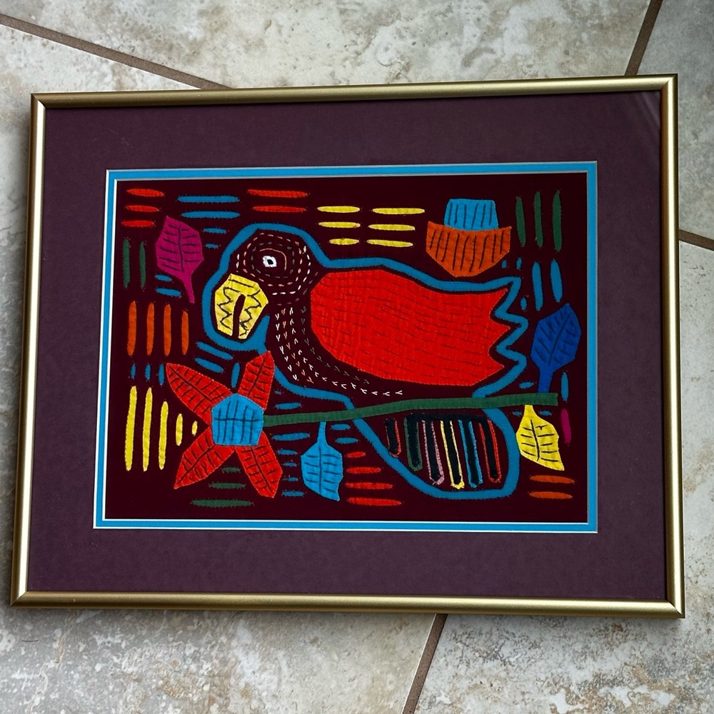 Framed Original Molas Reverse-appliqué textile art Panamas San Blas Islands.